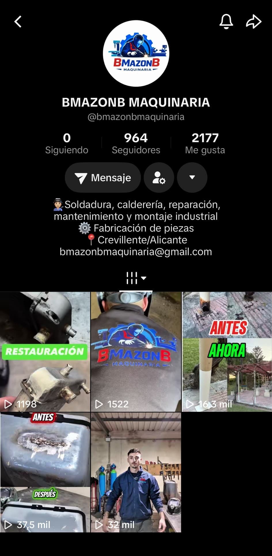 Perfil de Instagram de BMazonB Maquinaria tras la campaña: 964 seguidores y 2.177 me gusta