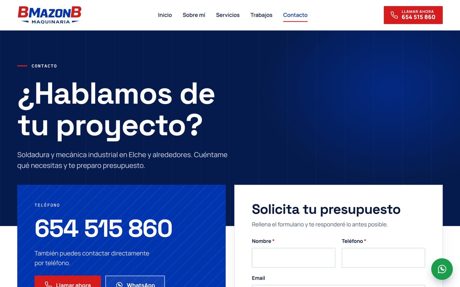 Página de contacto con formulario de presupuesto de la web de BMazonB Maquinaria