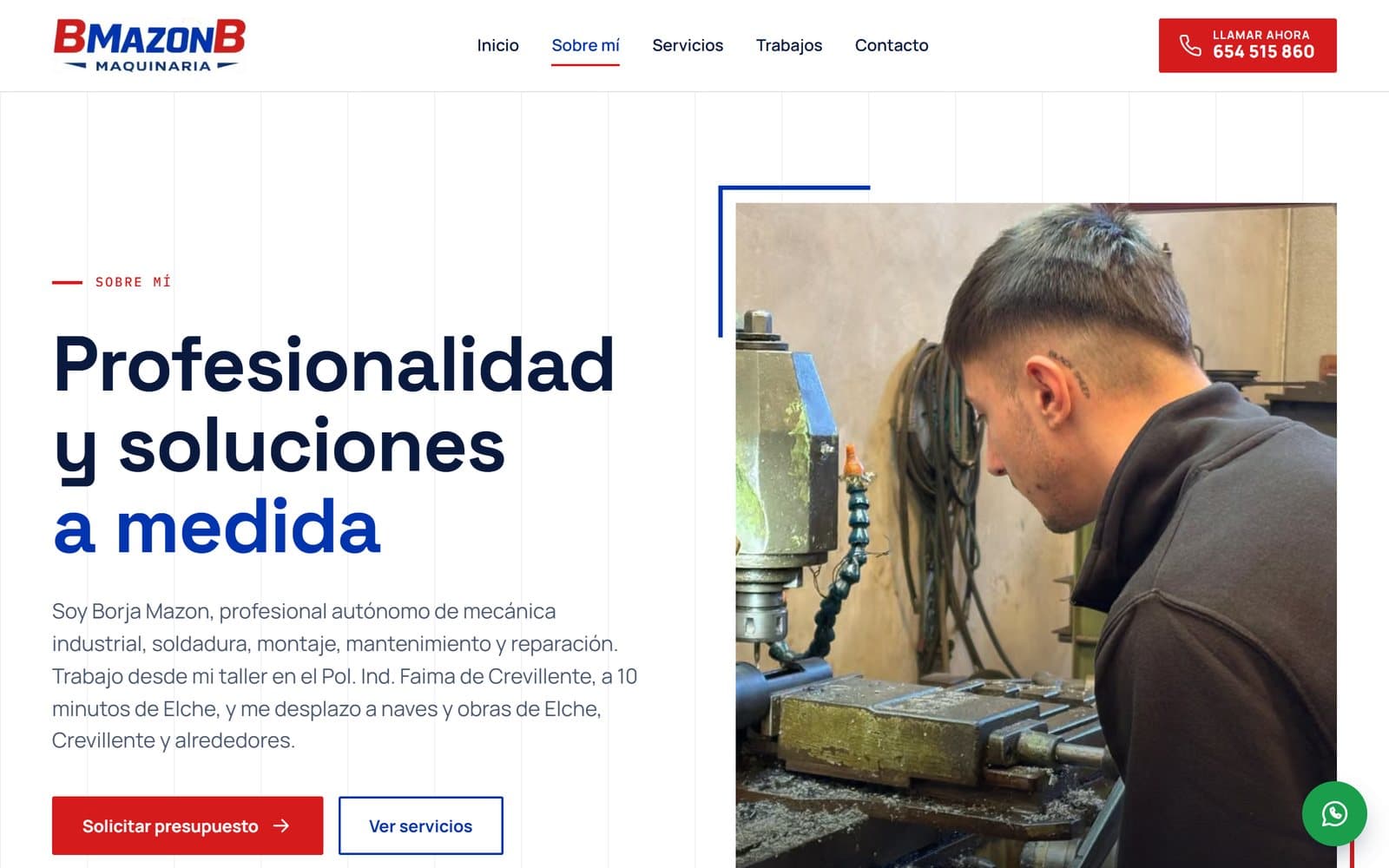 Página 'sobre mí' de la web de BMazonB Maquinaria, con Borja trabajando en el taller