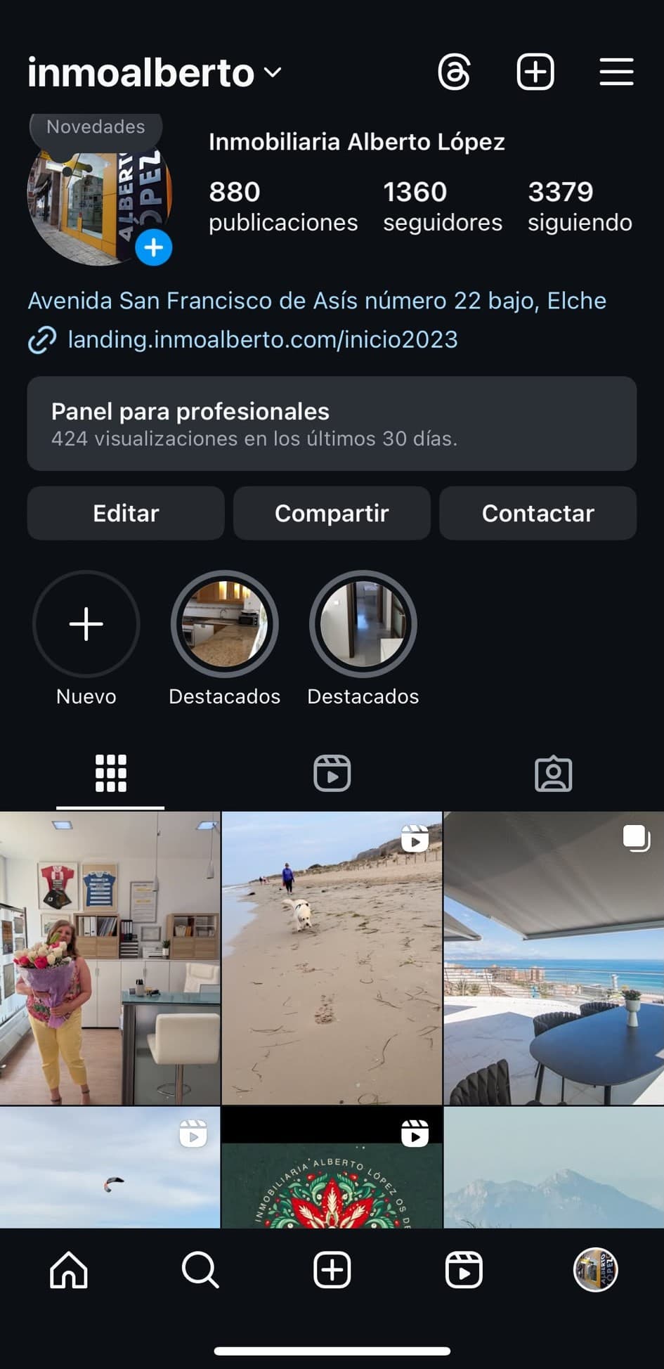 Perfil de Instagram de Inmobiliaria Alberto López antes de la gestión: 424 visualizaciones en 30 días
