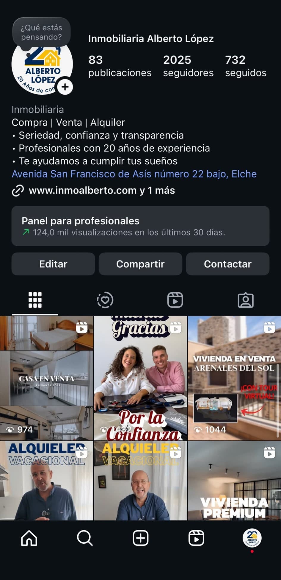 Perfil de Instagram de Inmobiliaria Alberto López tras la gestión: 124.000 visualizaciones en 30 días